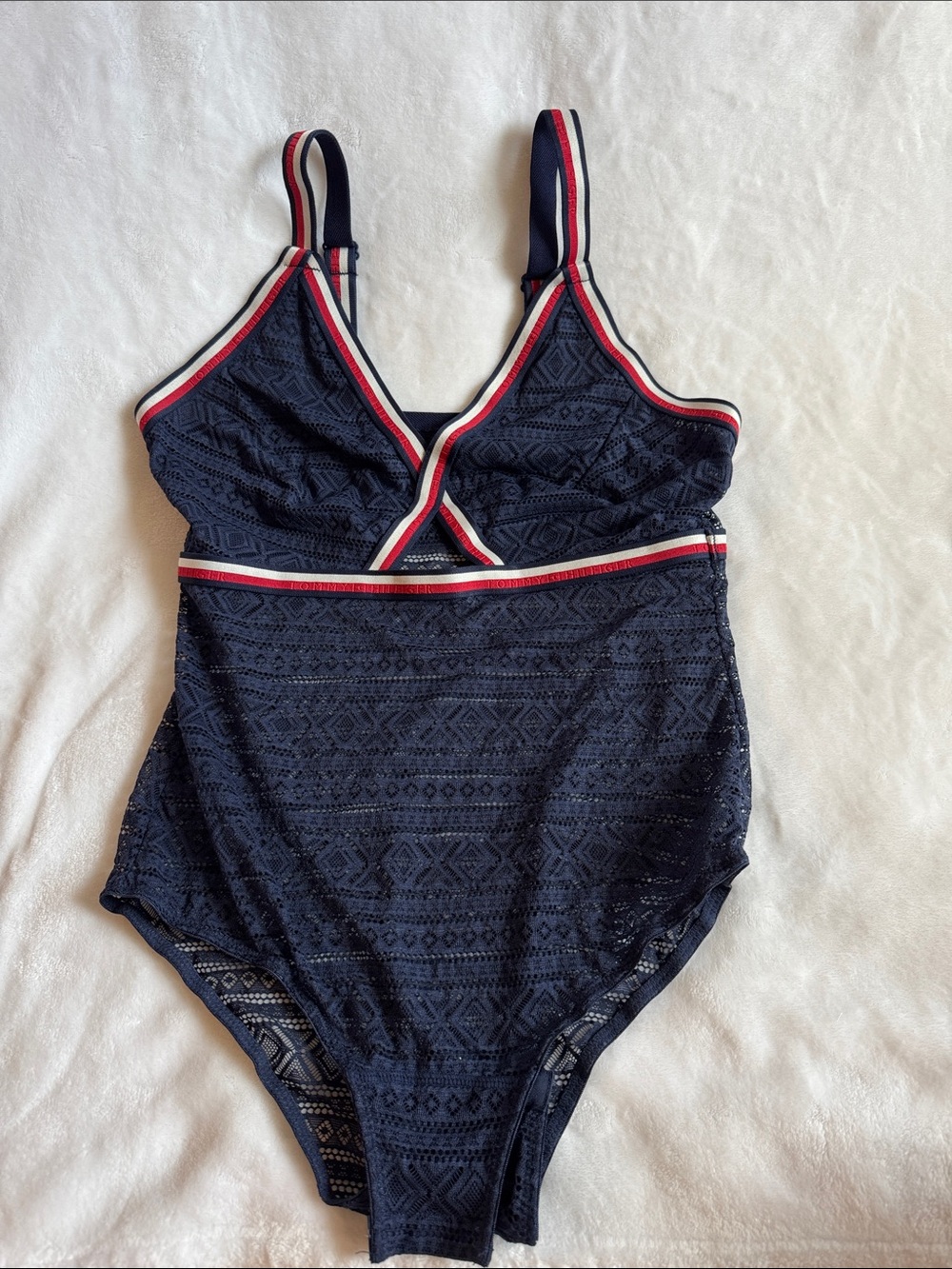 Navy Lace-Overlay One-Piece bodysuit with Red & White Trim